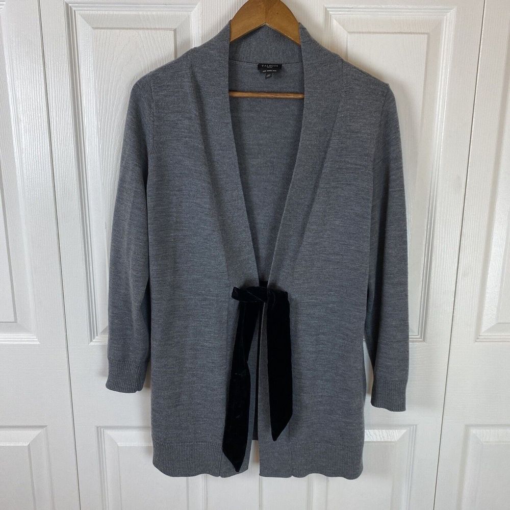 Talbots Gray Open Front Cardigan with Black Tie